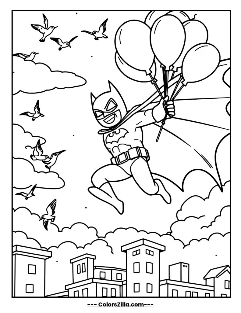 A cartoonish Batman flies through the sky over a city, holding onto a bunch of balloons with a happy expression
