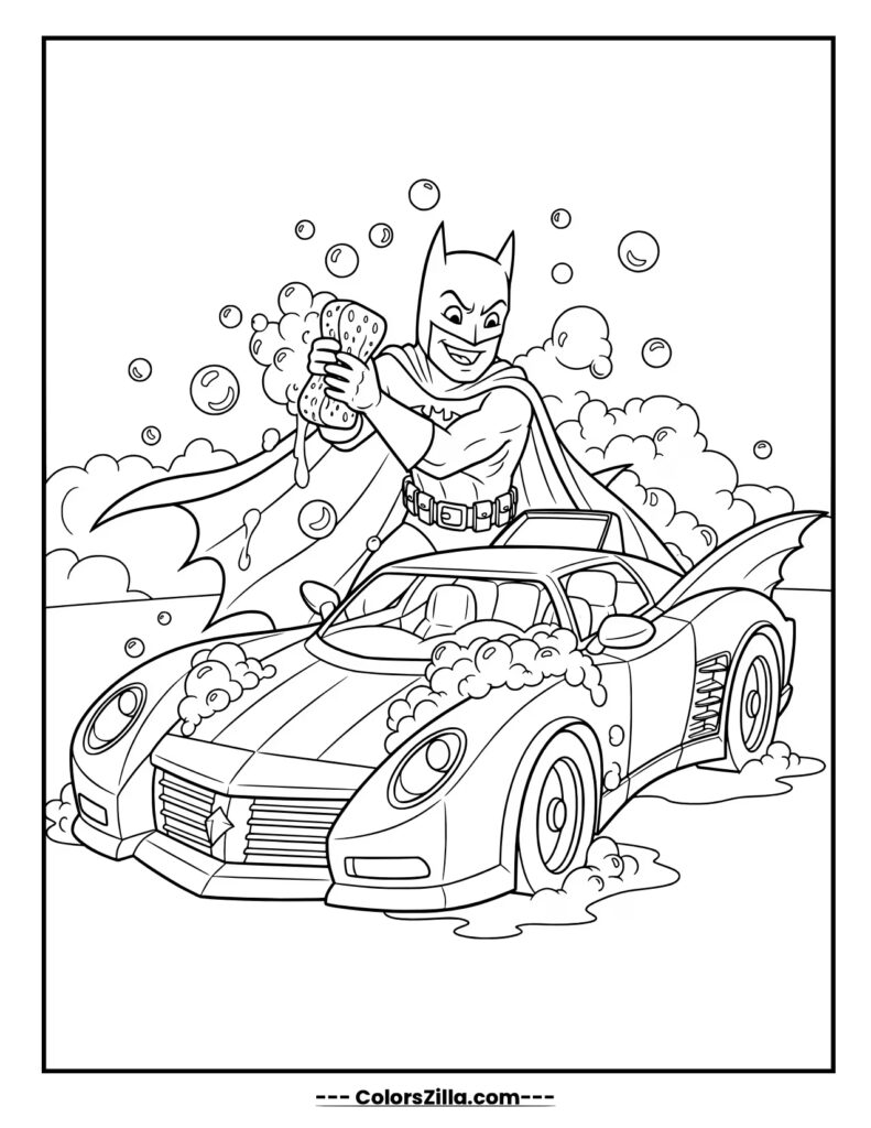 A cheerful Batman gives the Batmobile a good scrubbing with a sponge, surrounded by soap and bubbles