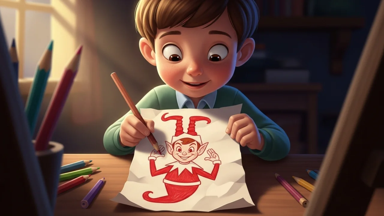 A child is drawing Elf on the paper