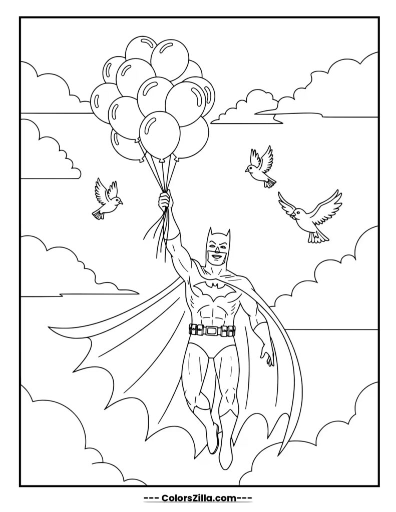 A classic style Batman floats happily through the sky, lifted by a large bunch of balloons
