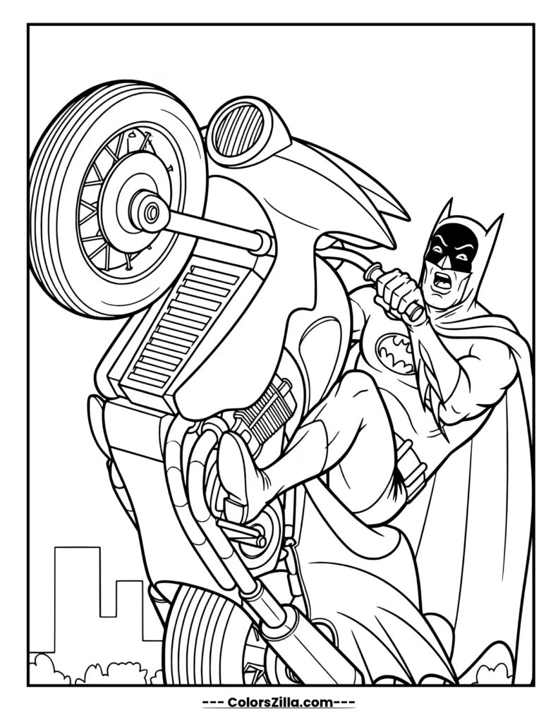A classic style Batman yells as he performs a wild wheelie on his vintage bat-motorcycle