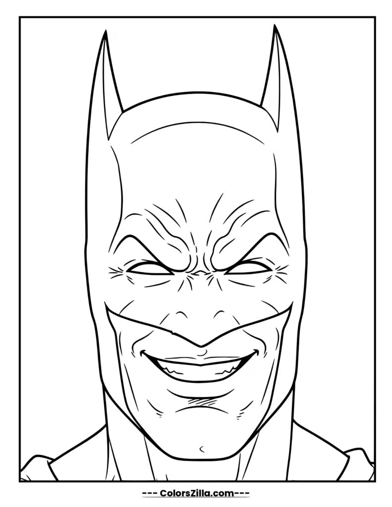 A close up of Batman's face shows him with a wide, unsettling grin and narrowed, intense eyes