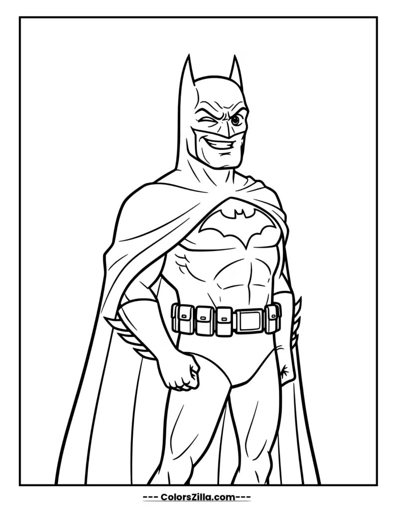 A confident Batman gives a charming smile and a playful wink, with one hand resting on his hip