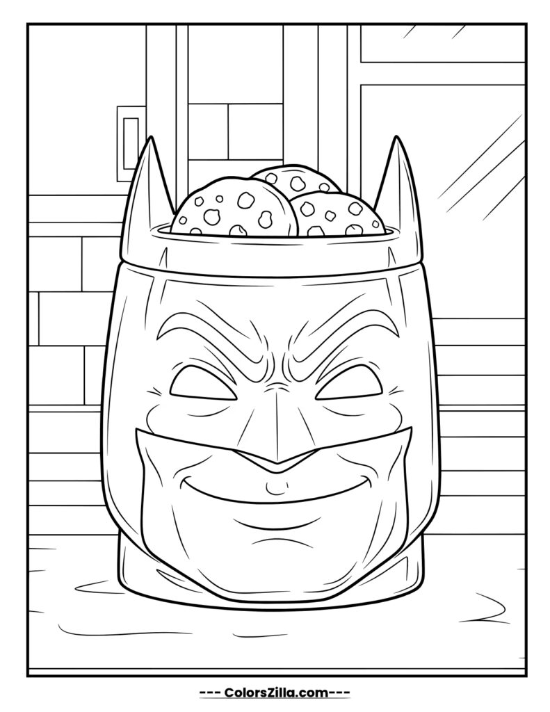 A cookie jar is shaped like Batman's head with a mischievous grin, filled with delicious-looking cookies