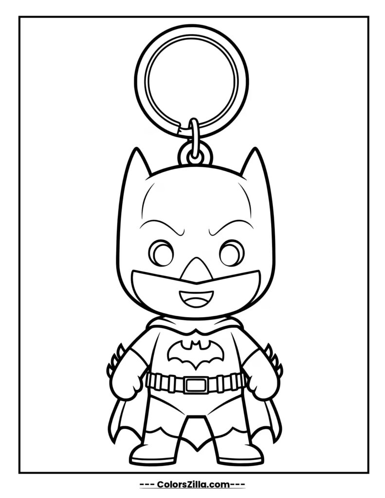 A cute, cartoonish Batman is designed as a keychain, standing confidently with his hands on his hips