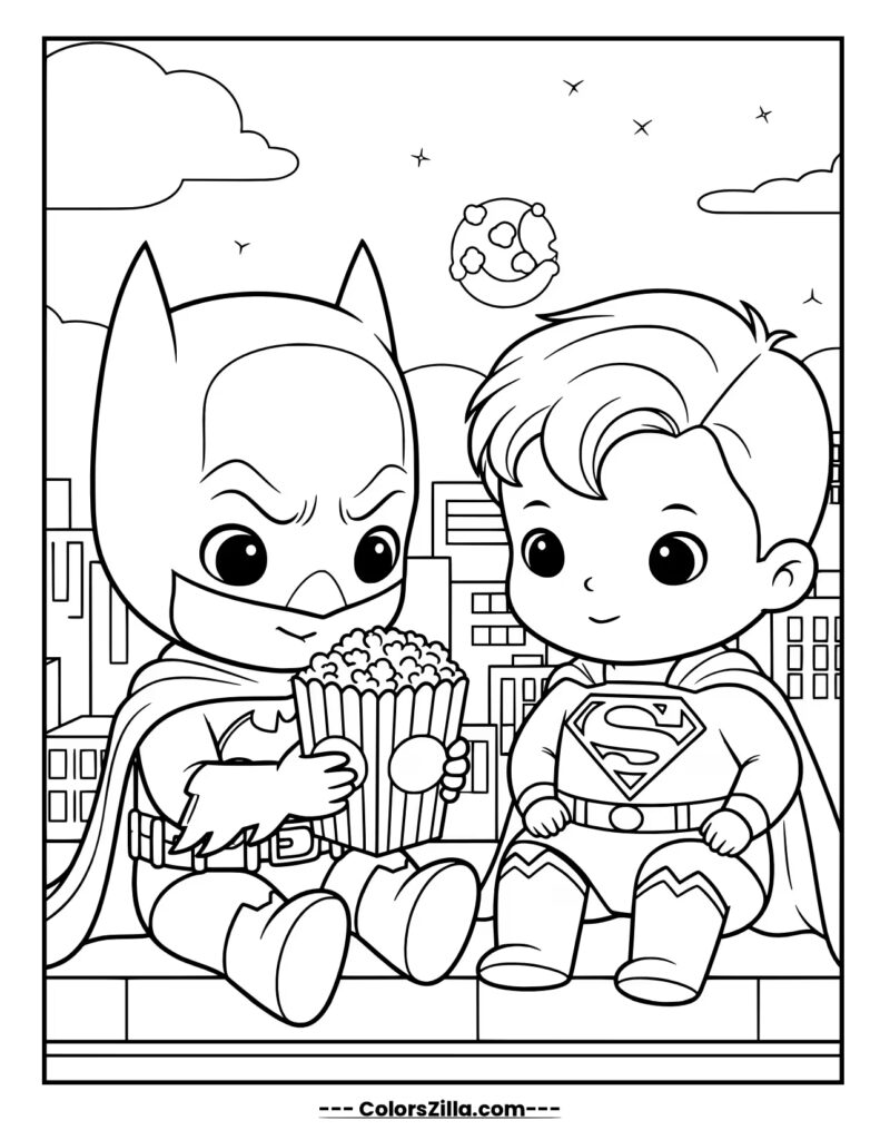 A cute, chibi style Batman and Superman sit on a rooftop, with Batman holding a box of popcorn