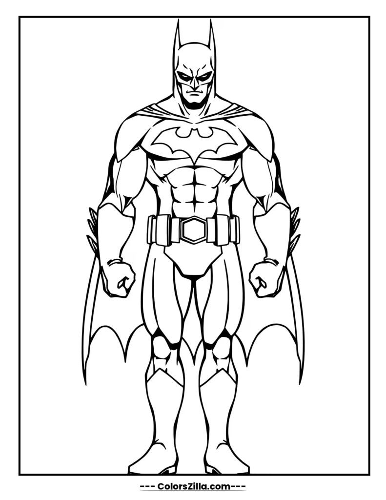 A full body view of Batman standing in a powerful, heroic pose, looking straight ahead with a serious expression