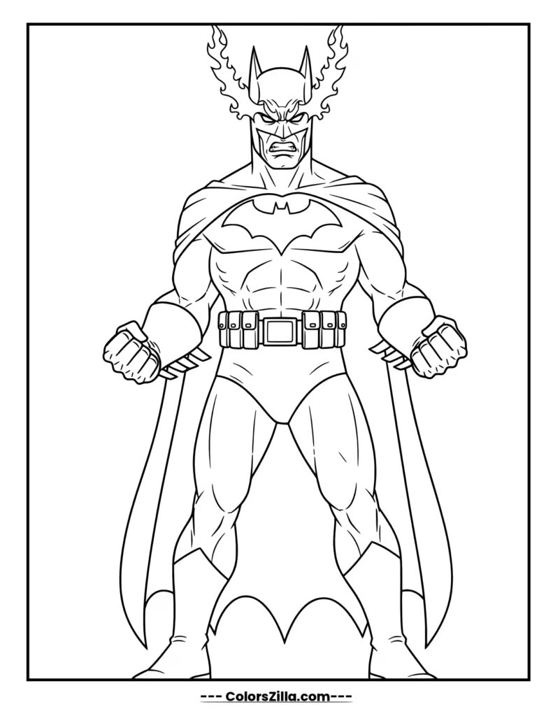 A furious Batman stands with clenched fists as flames erupt from the ears of his cowl