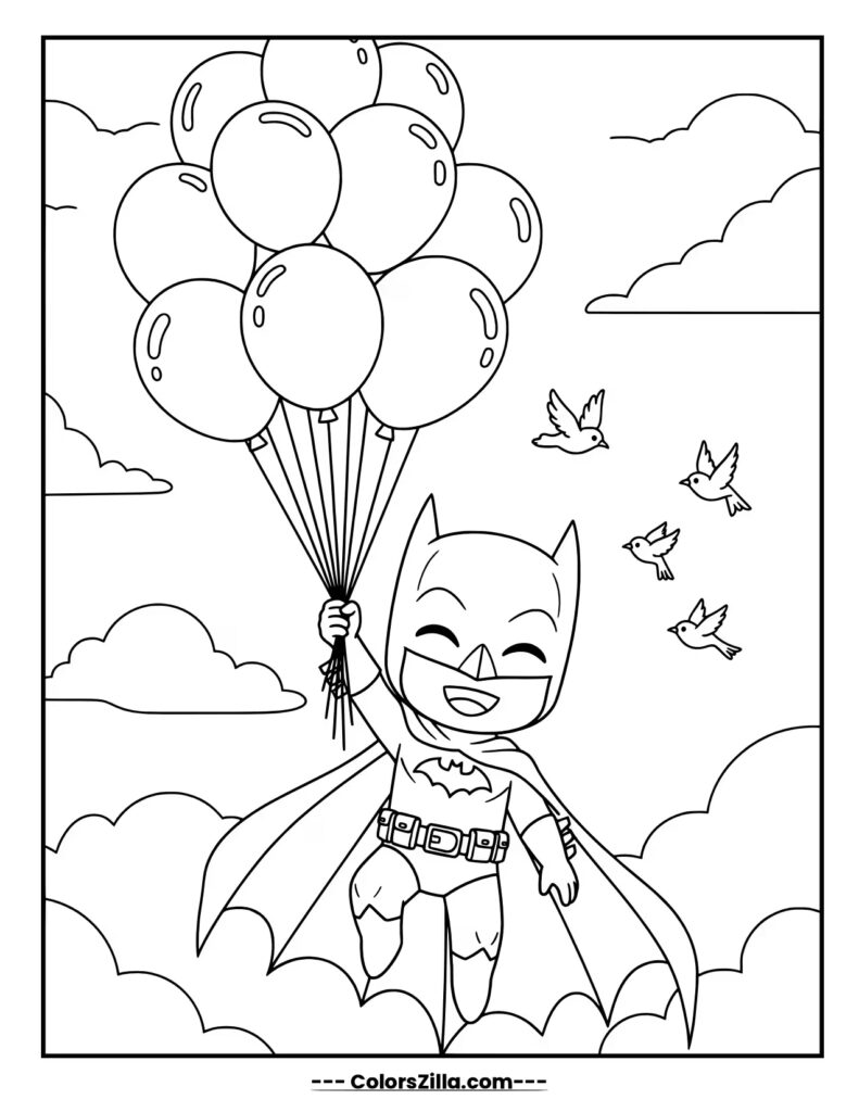 A joyful, chibi style Batman floats through the clouds, carried by a large bunch of balloons