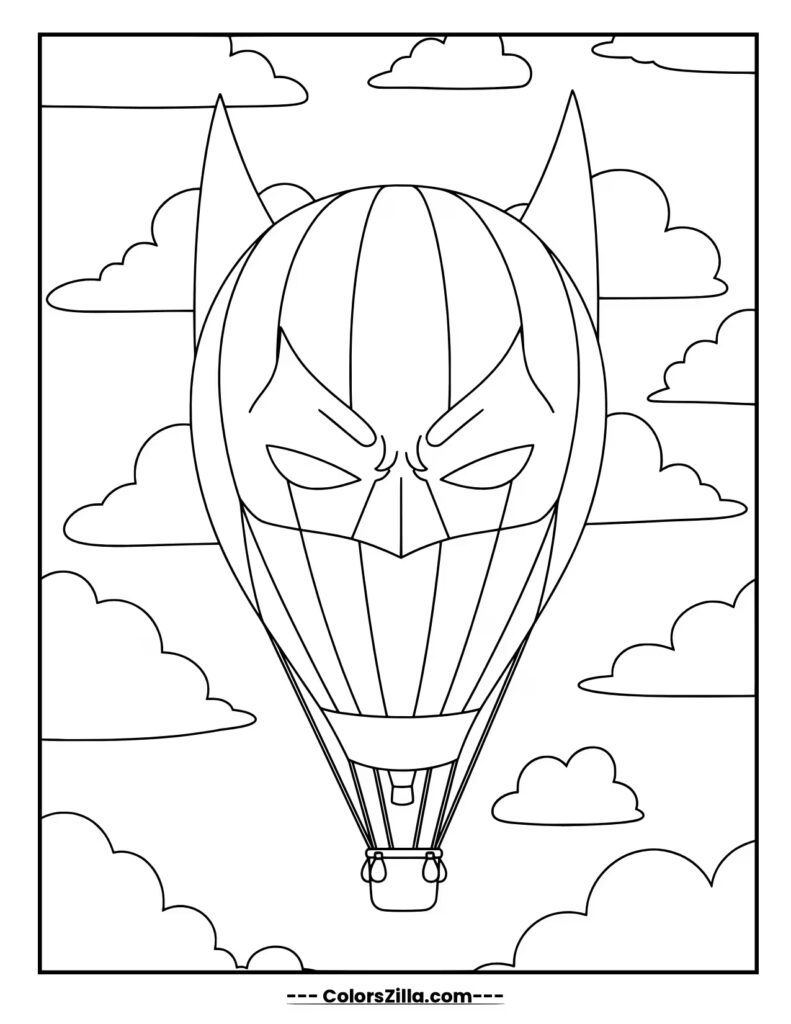 A massive hot air balloon shaped like Batman's cowl floats serenely among the clouds