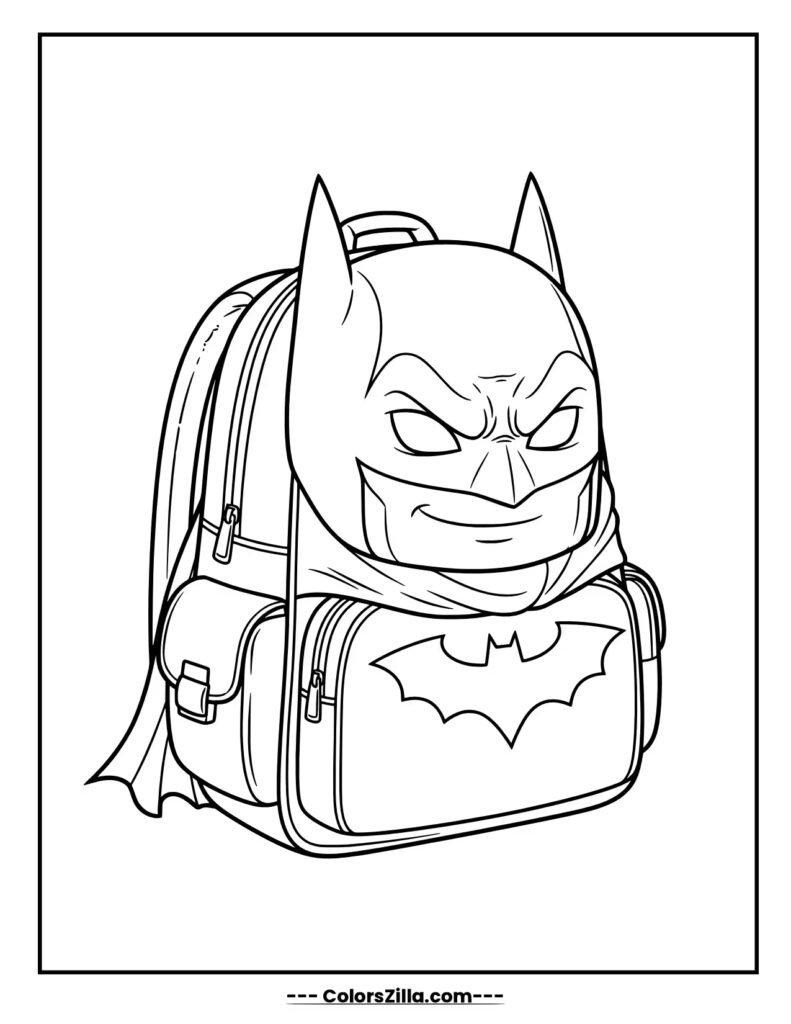 A school backpack is designed to look like Batman, with his cowl as the main part and the bat symbol on the front pocket