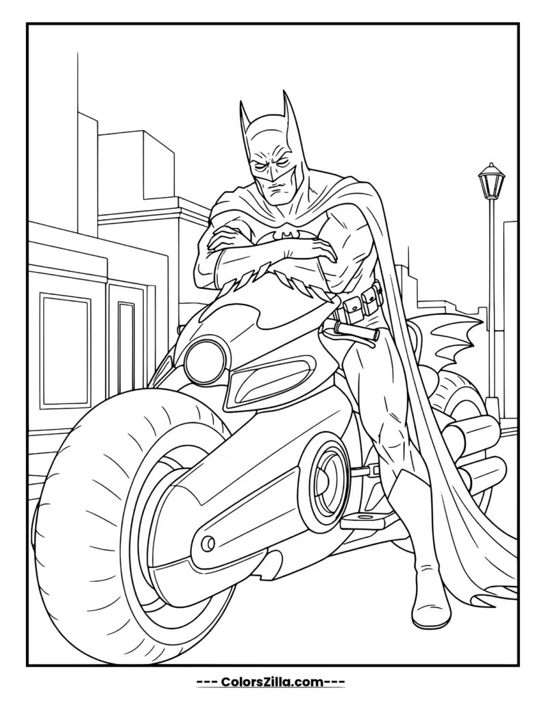 A serious Batman leans against his futuristic motorcycle with his arms crossed, looking cool and imposing