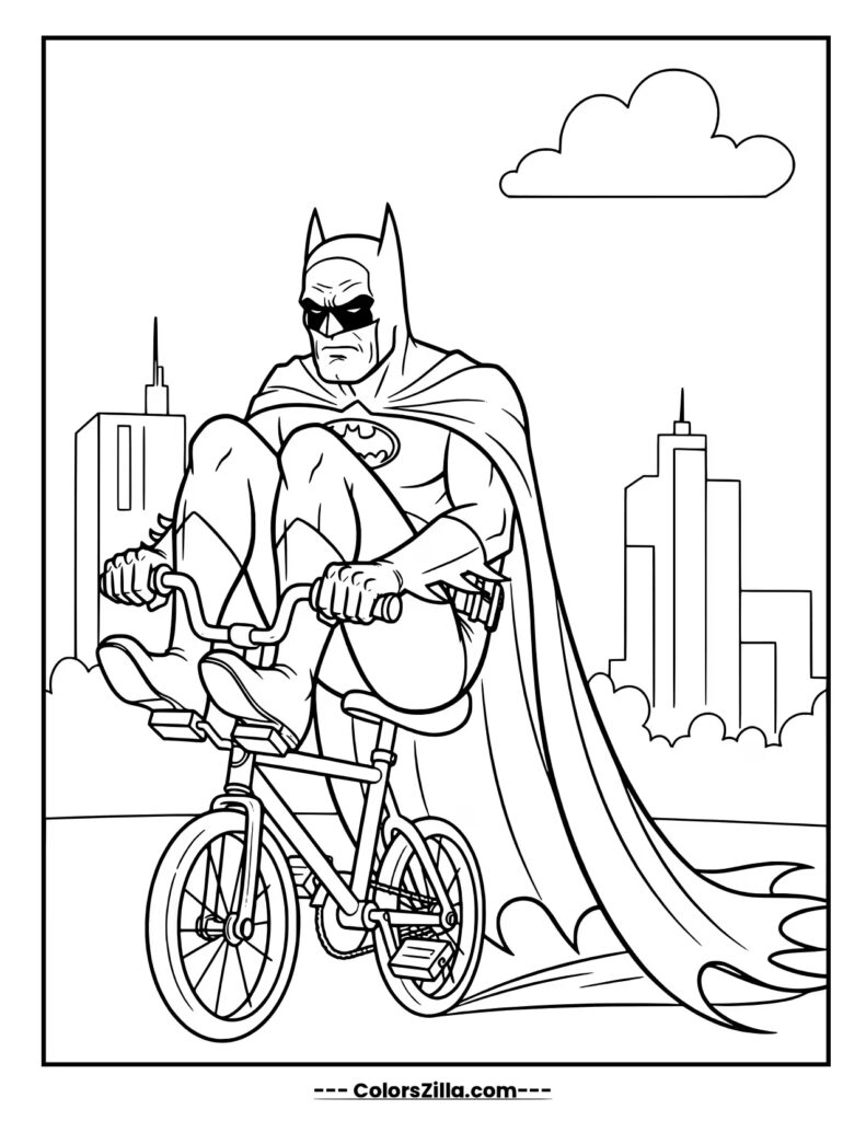 A serious looking Batman, wearing sunglasses, rides a small bicycle through the city