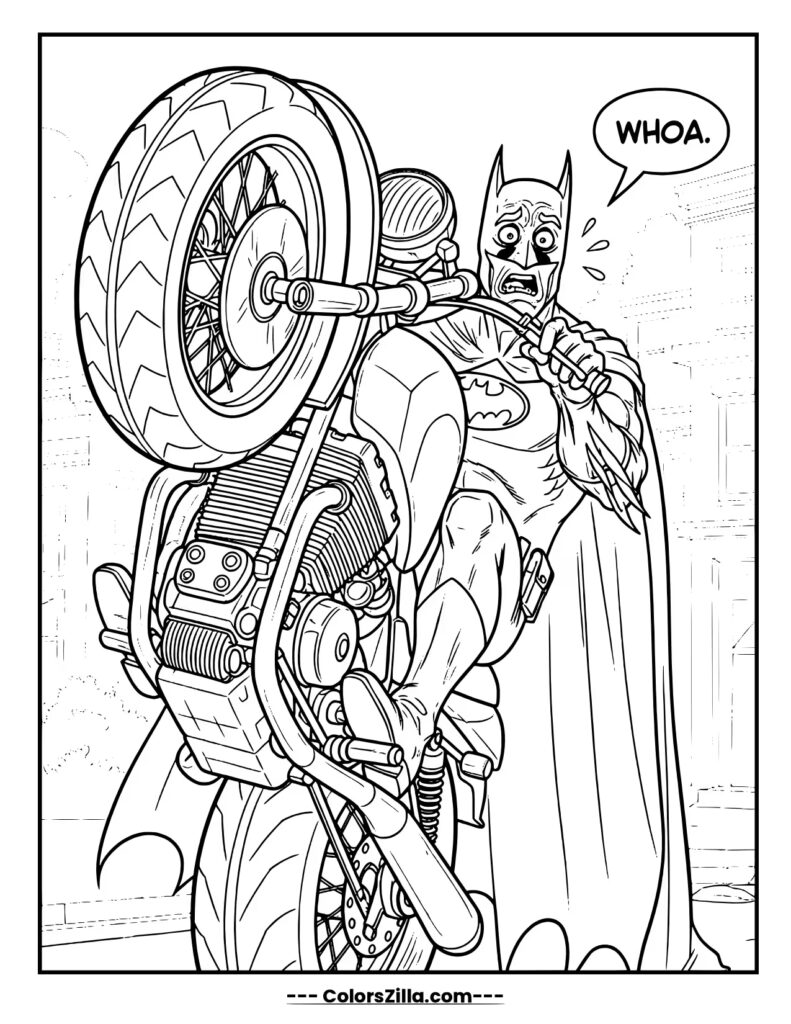 A shocked Batman exclaims WHOA. as he struggles to control a wheelie-ing motorcycle