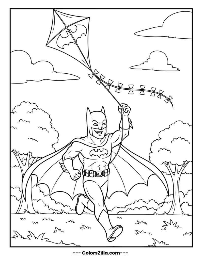 A smiling Batman runs through a park, happily flying a kite shaped like his own bat symbol