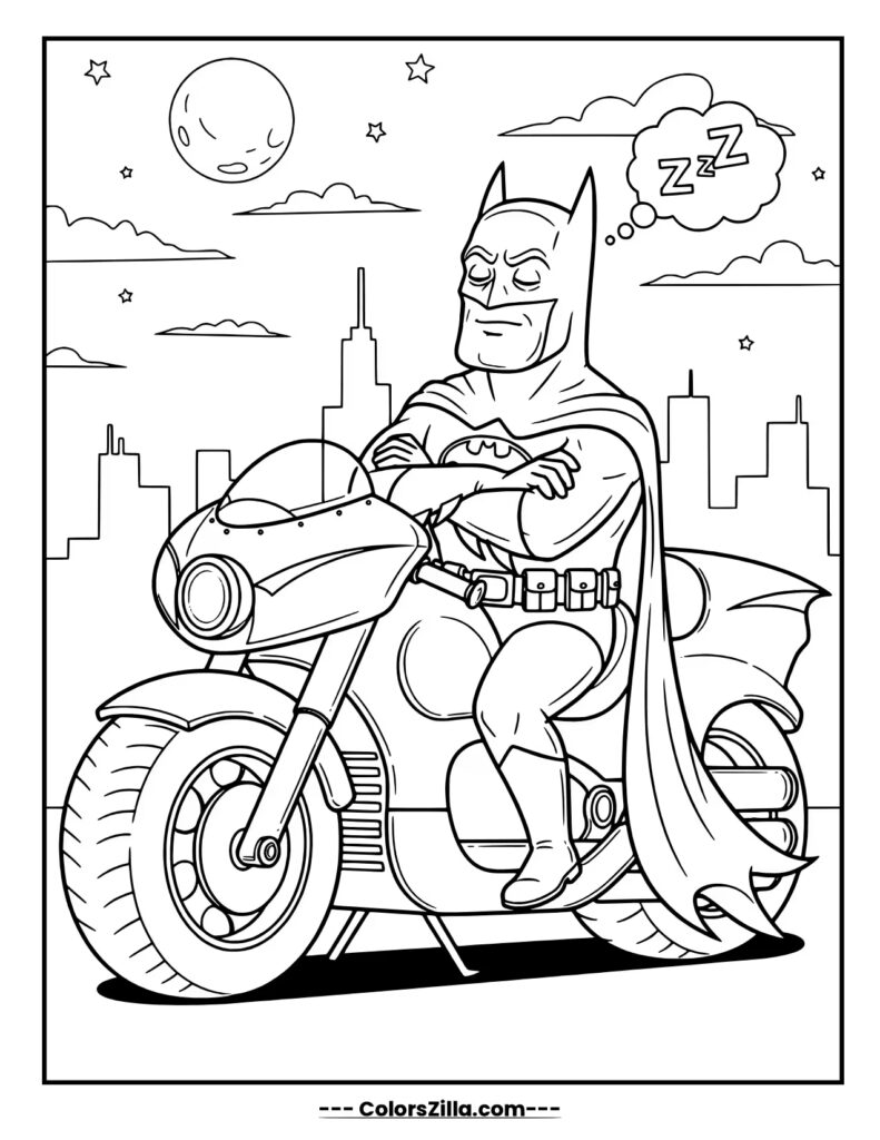A tired Batman has fallen asleep on his motorcycle under the night sky, with a ZZZ thought bubble above him