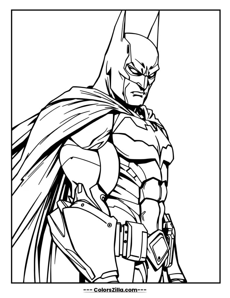 An armored and modern looking Batman glances over his shoulder with a grim and serious expression