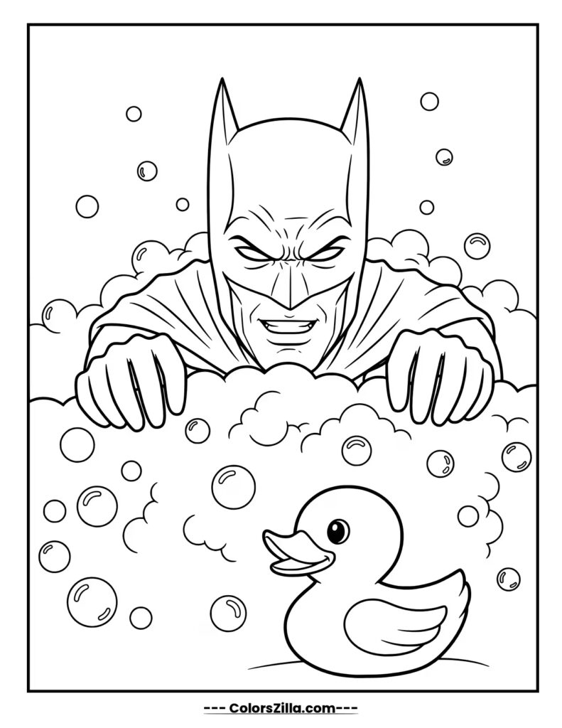 An intense looking Batman takes a bubble bath, with a classic rubber ducky floating in the water before him
