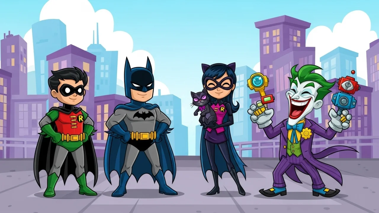 Batman, Robin, Catwoman, and Joker in Lego style