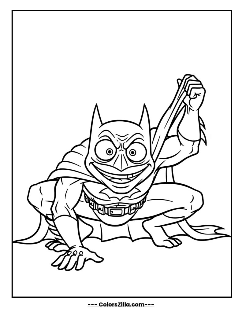 Batman crouches low to the ground with a wild, crazed look, pulling at his cape with a wide, unsettling smile