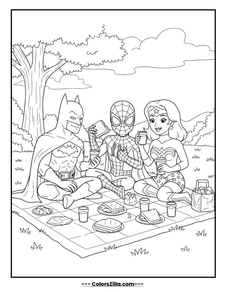 Batman enjoys a relaxing picnic on the grass with fellow superheroes Spider-Man and Wonder Woman