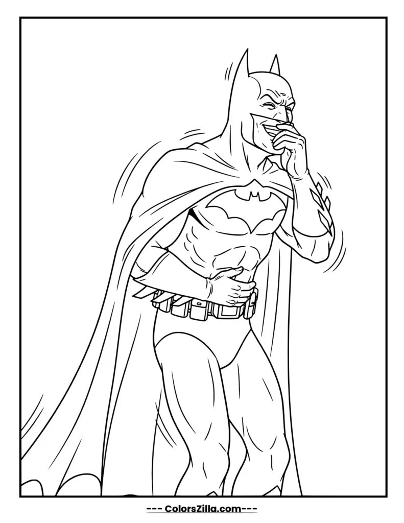 Batman is caught in a fit of laughter, holding his stomach and covering his mouth as he shakes