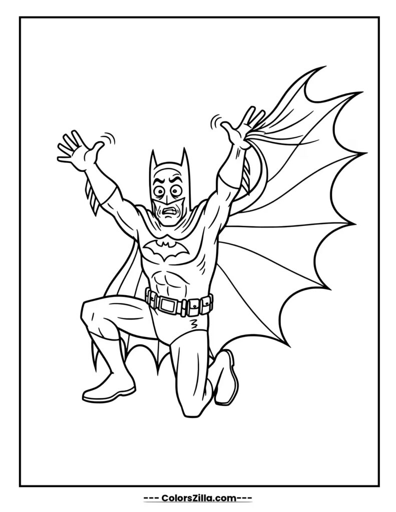 Batman is down on his knees with his hands in the air, his face showing a look of shock and panic