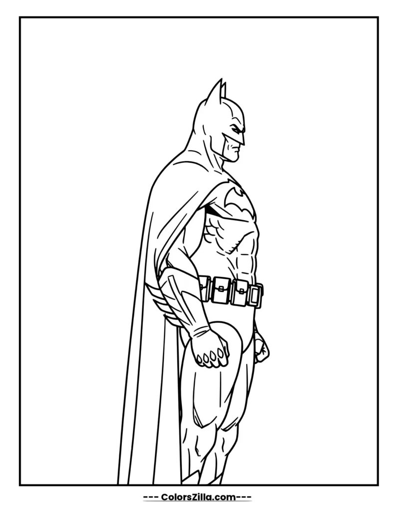 Batman is shown from the side in a classic profile view, standing tall with a look of stoic determination