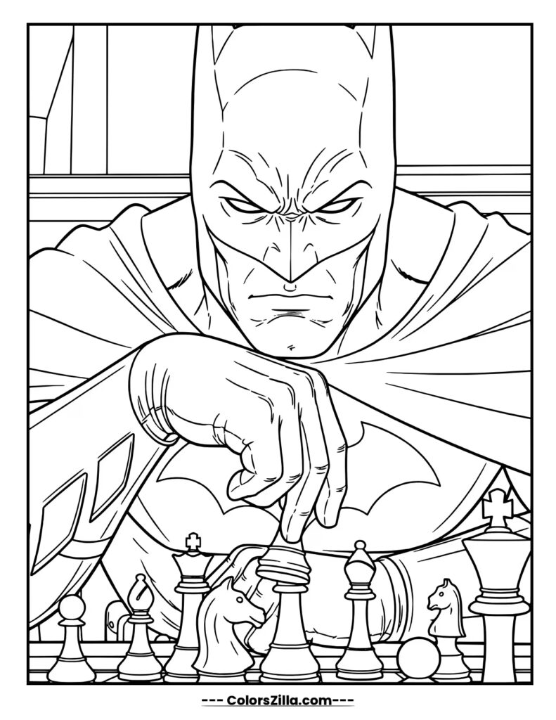 Batman looms over a chessboard with deep concentration, making a strategic move