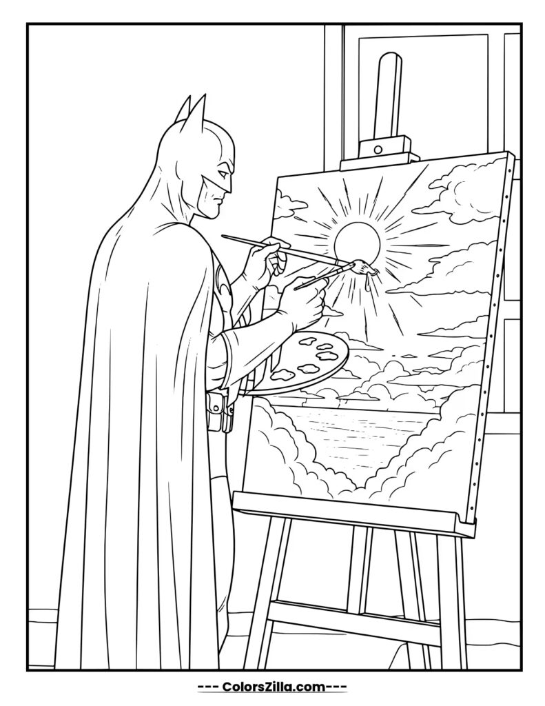 Batman shows his artistic side, standing at an easel and painting a serene sunrise over the ocean