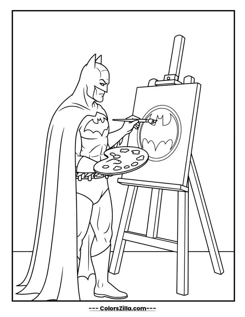 Batman shows his creative side, meticulously painting the bat symbol on a canvas with a palette in hand