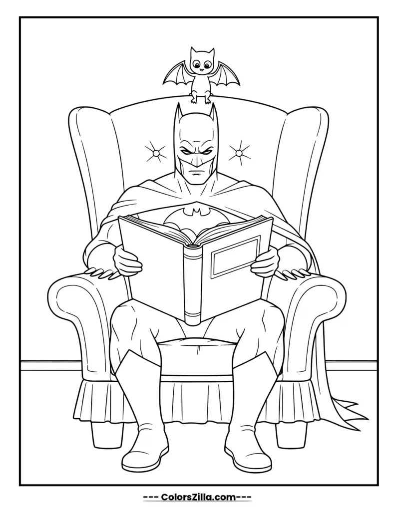 Batman sits comfortably in a large armchair reading a book, with a small, friendly bat perched on his head
