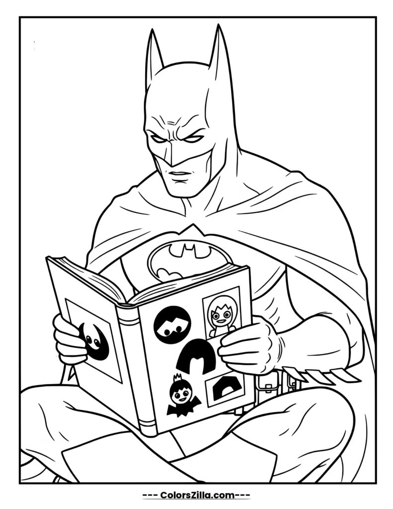 Batman sits with an intense expression, carefully reading a children's picture book