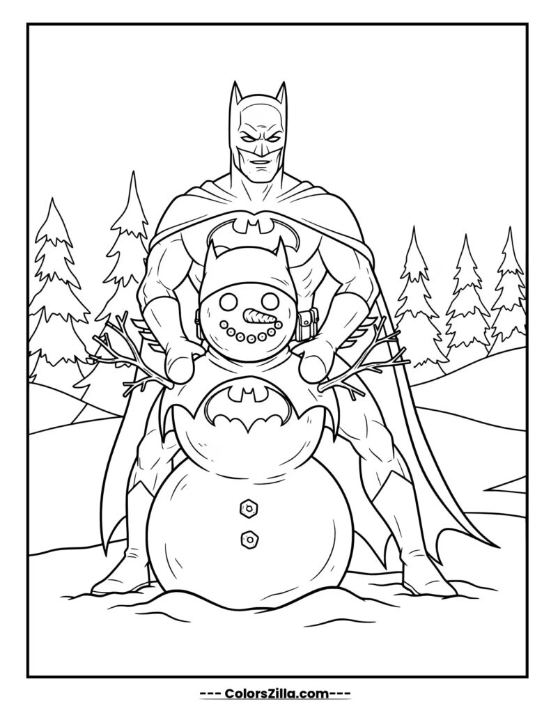 Batman stands in a snowy forest behind a snowman he has built, which is decorated with bat symbols and a cowl