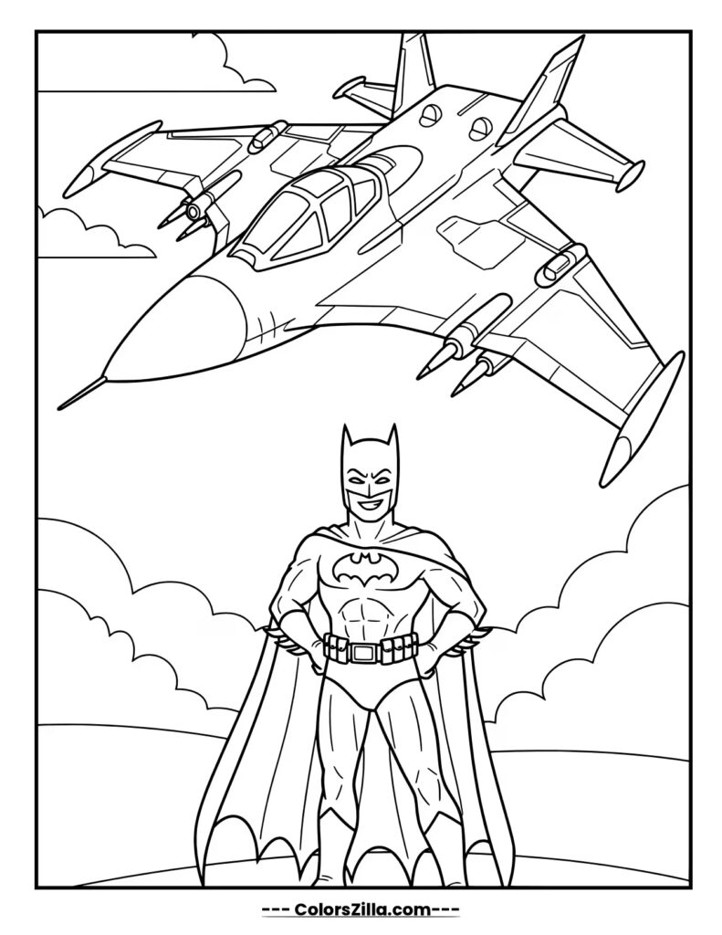 Batman stands proudly with his hands on his hips, as his advanced fighter jet, the Batwing, flies in the background