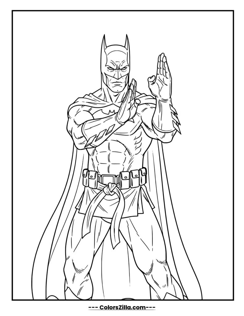 Batman stands ready for combat, holding his hands in a disciplined martial arts pose