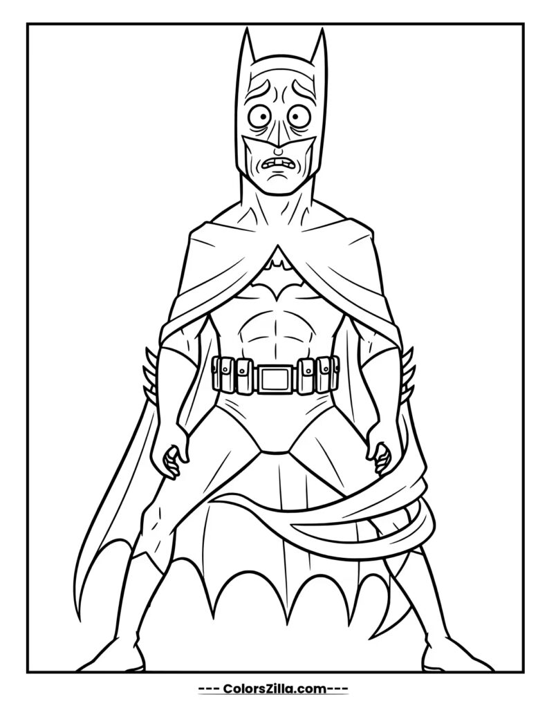 Batman stands with a wide eyed, anxious expression, looking deeply concerned and distressed