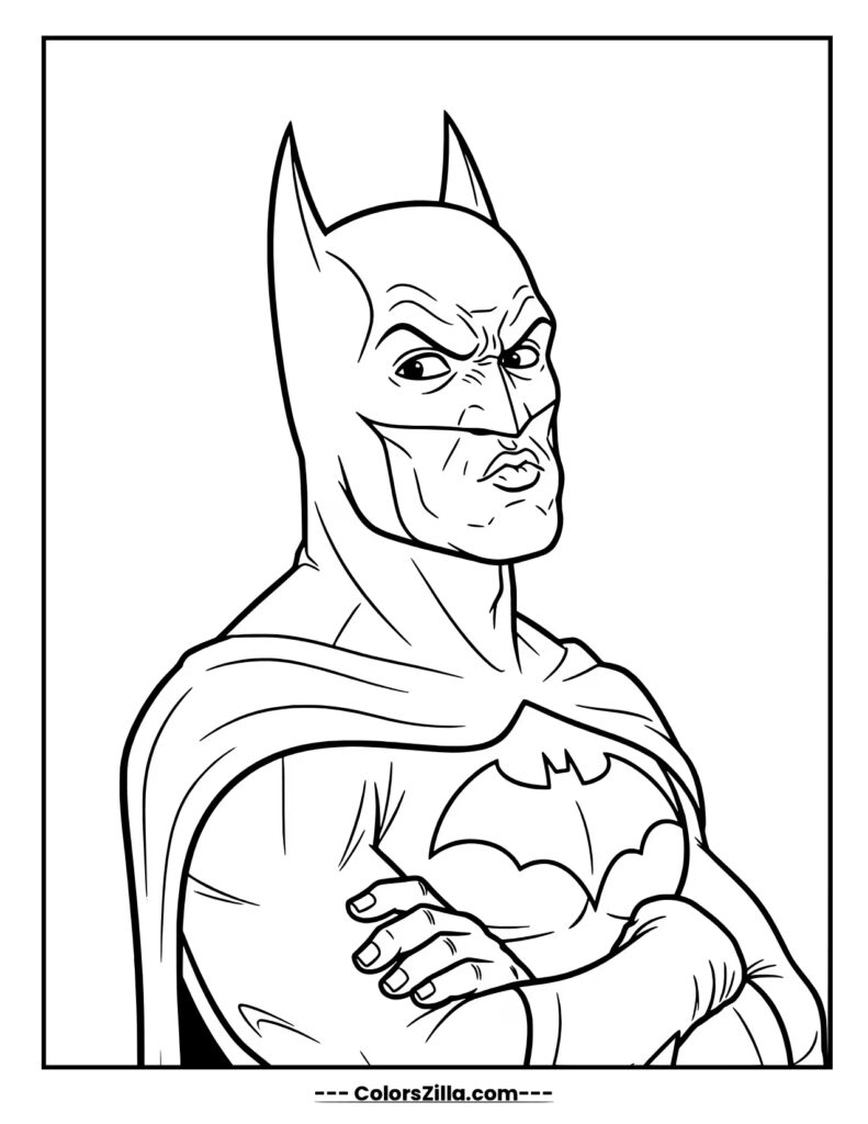 Batman stands with his arms crossed, giving a skeptical and disapproving look with a scowl on his face