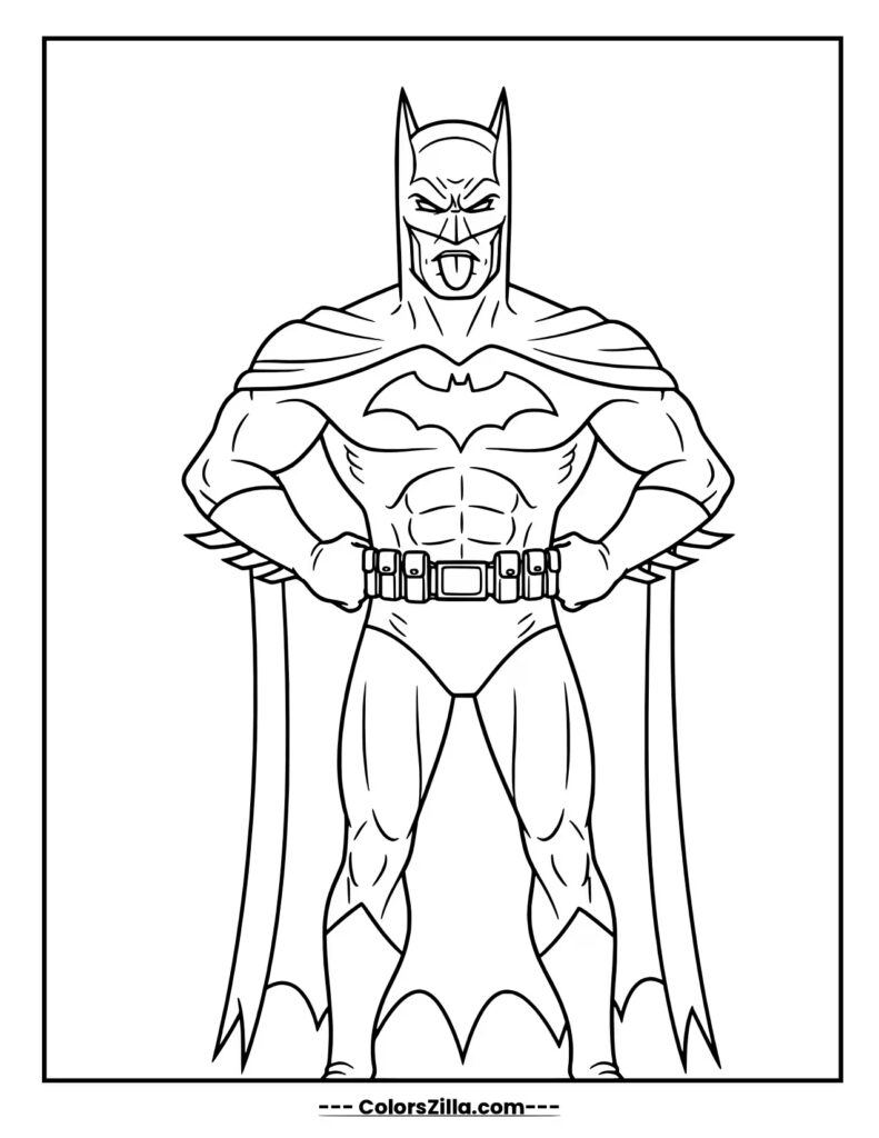 Batman stands with his hands on his hips, sticking his tongue out in a playful or taunting manner