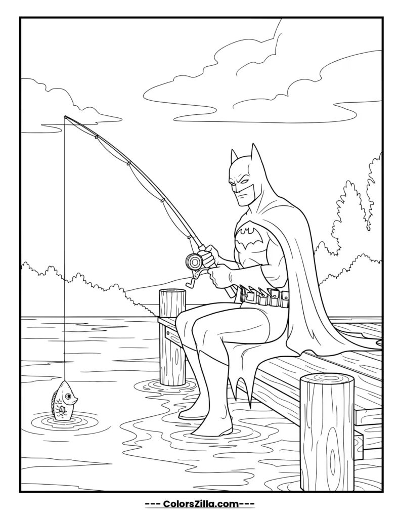 Batman takes a break from crime-fighting to go fishing, sitting on a wooden dock as he reels in a fish