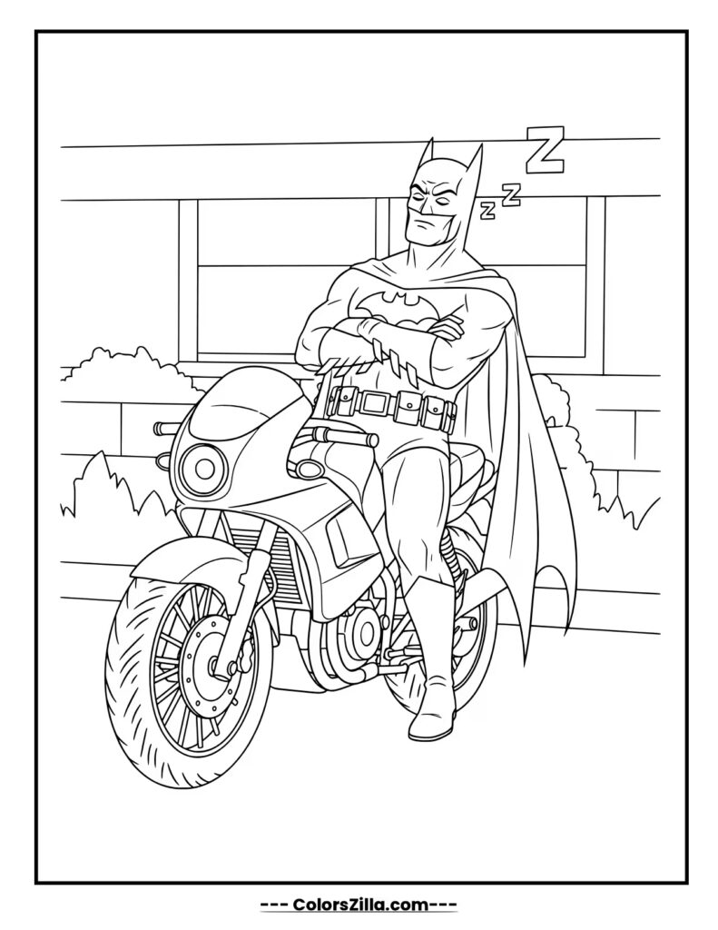 Batman takes a nap while sitting on his motorcycle, his arms crossed as he sleeps