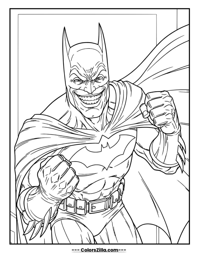 Batman's Victorious Smile Description Batman clenches his fists and flashes a wide, slightly maniacal grin