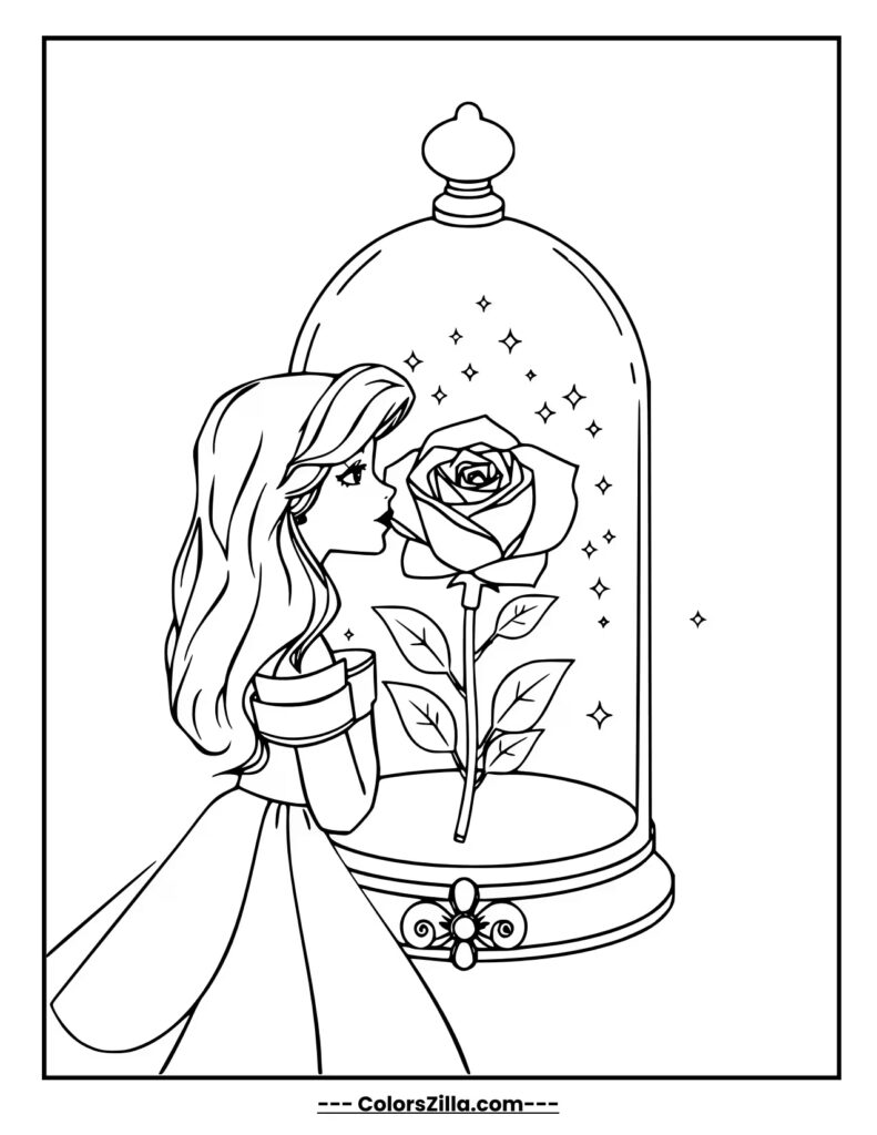 Belle gazes softly at the glowing enchanted rose inside its glass dome, with sparkles floating around