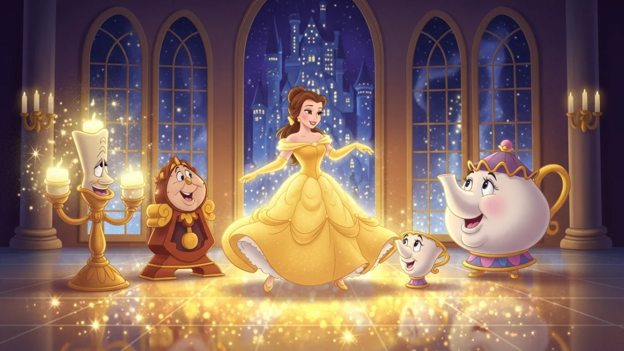 Belle in a magical ballroom with enchanted friends
