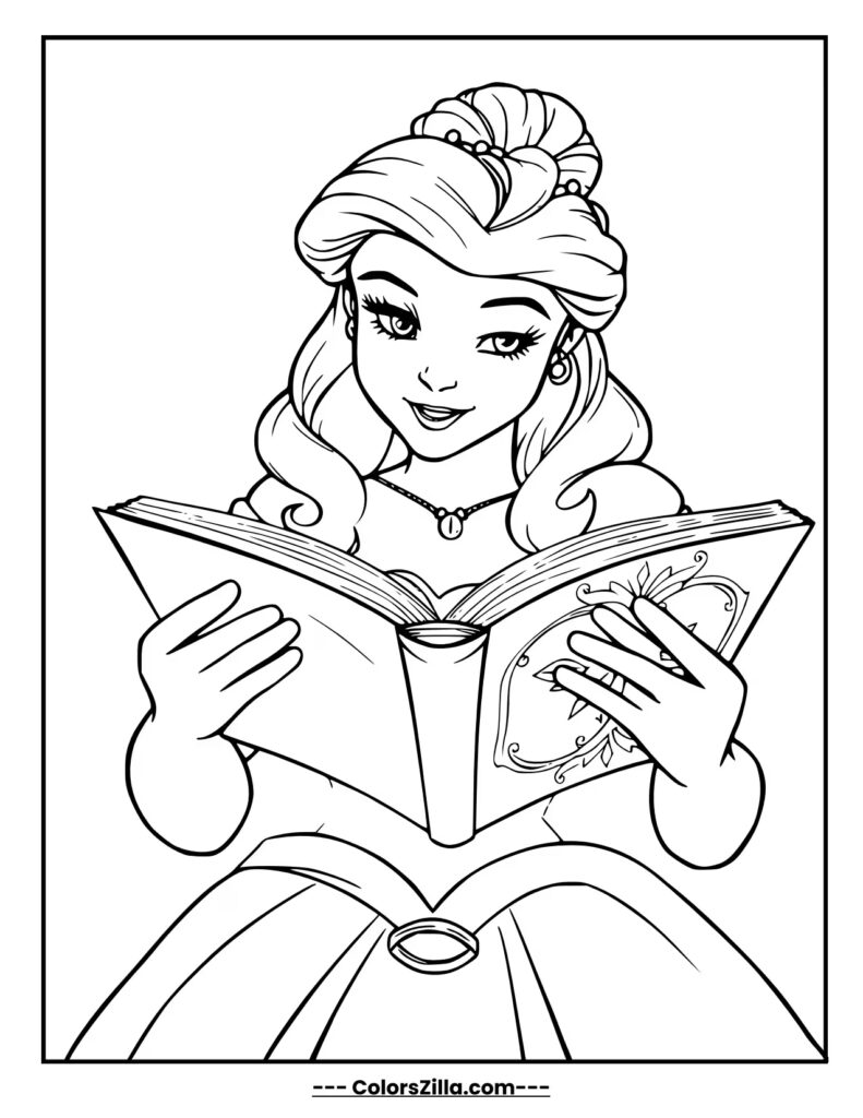 Belle is completely focused on her book, enjoying an exciting story from its beautifully decorated pages