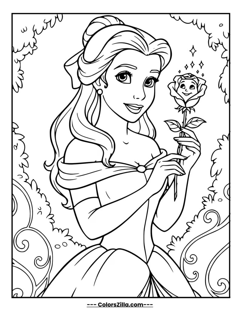 Belle smiles kindly as she holds a magical rose that is sparkling and has a happy face