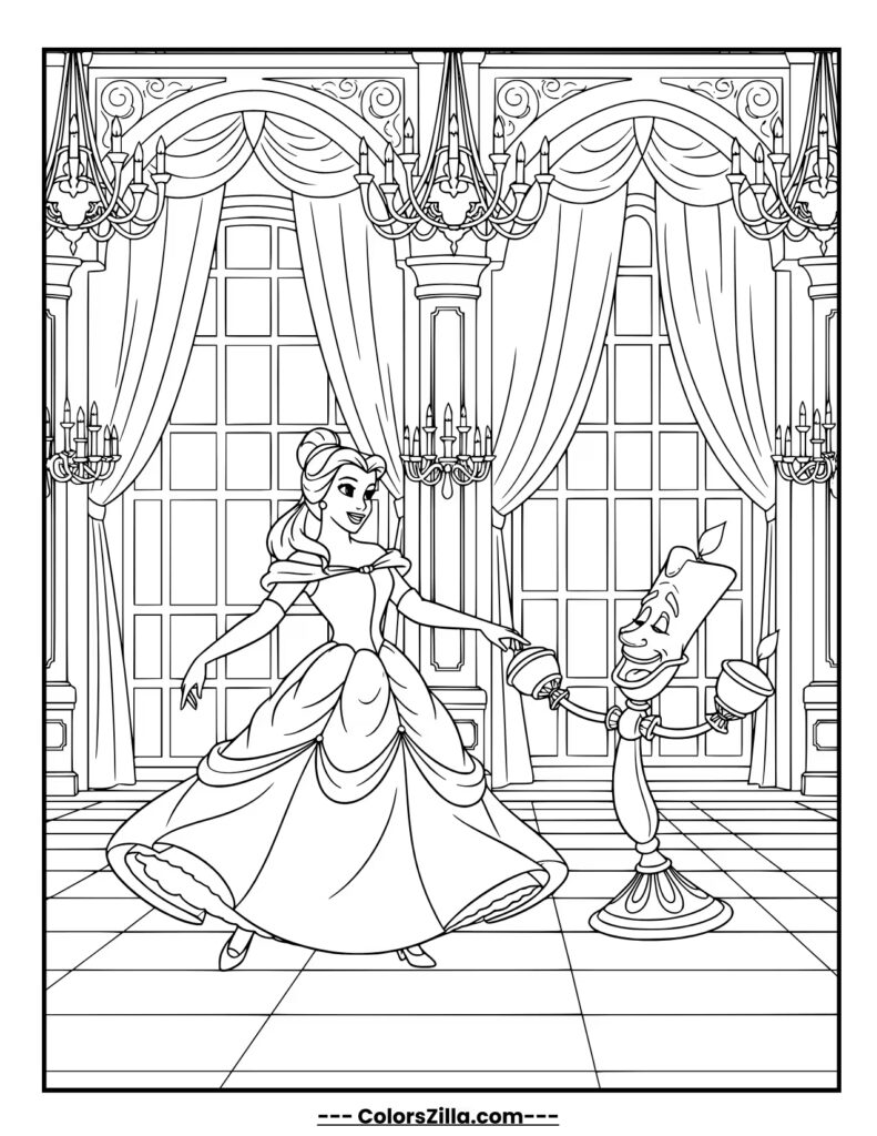 Belle twirls gracefully in her golden dress, practicing a dance move with a big smile on her face