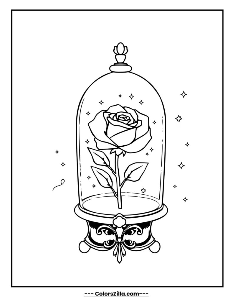 Belle's favorite glowing enchanted rose inside the glass dome, with sparkles floating around
