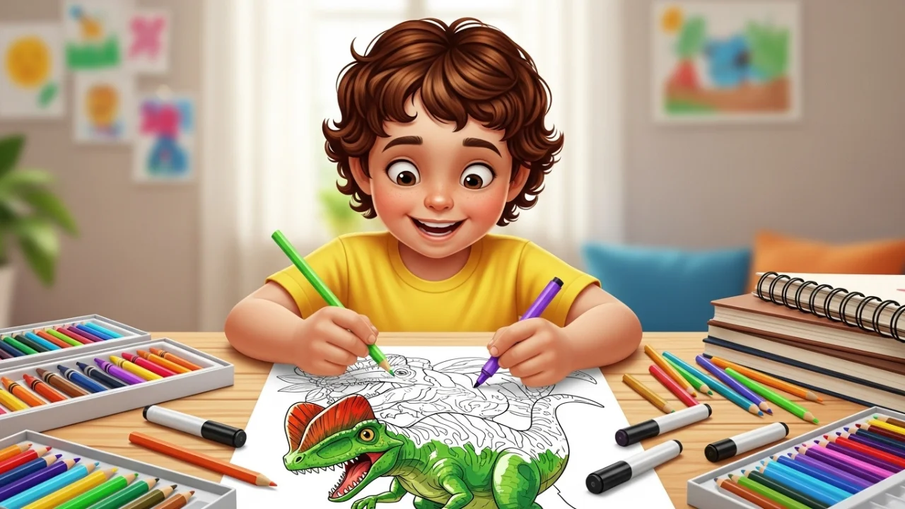 Child coloring a Dilophosaurus page with pencils and markers