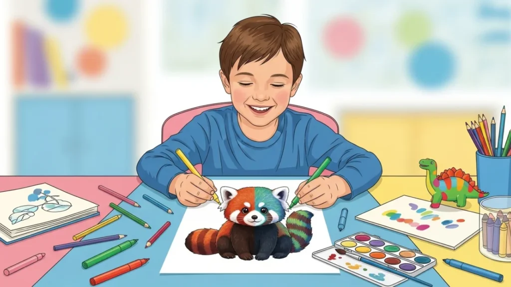 Child coloring a red panda page with pencils and markers